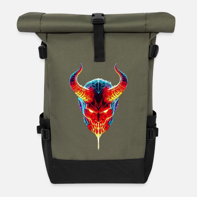 Feuriger Dämonen Skull mit Neoneffekten - Rolltop Rucksack - Olive/Schwarz