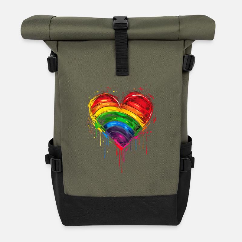 Abstract Rainbow Heart with Ink Splatters - Pride - Roll Top Backpack - olive/black