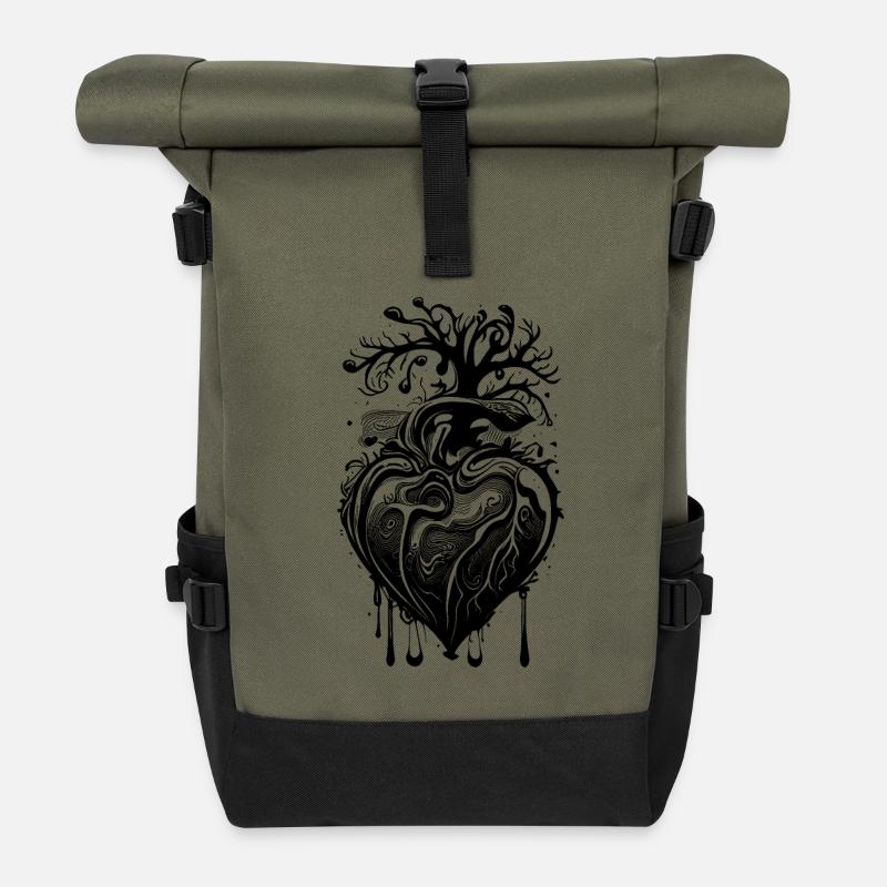 Herz mit Wurzeln und Ästen - Rolltop Rucksack - Olive/Schwarz