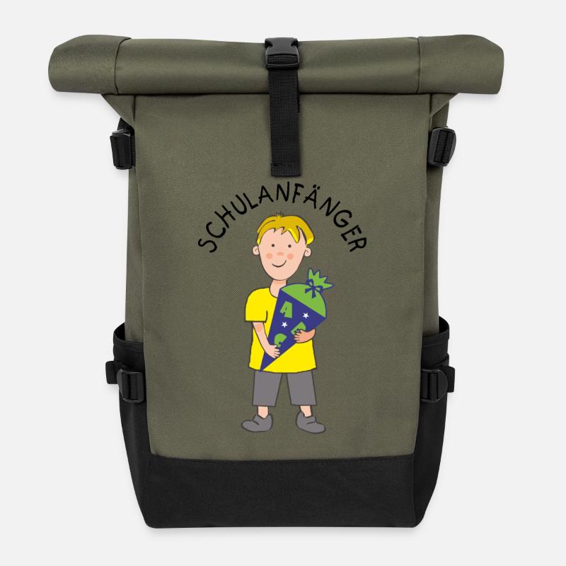Schulanfänger - Junge mit ABC Zuckertüte - Rolltop Rucksack - Olive/Schwarz