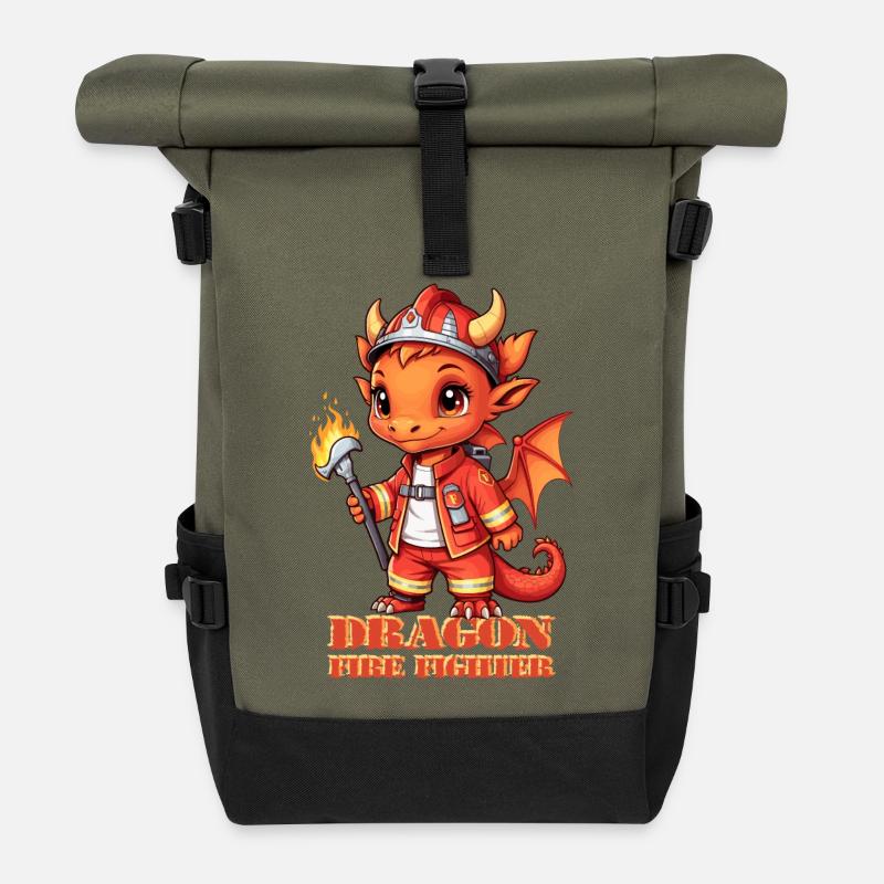 Drachen Feuerwehr - Rolltop Rucksack - Olive/Schwarz