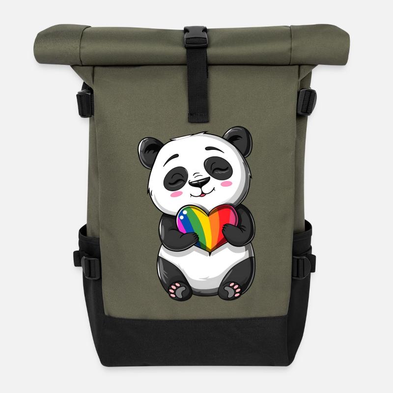 Panda-Karikatur mit einem Pride-Regenbogenherz - Rolltop Rucksack - Olive/Schwarz