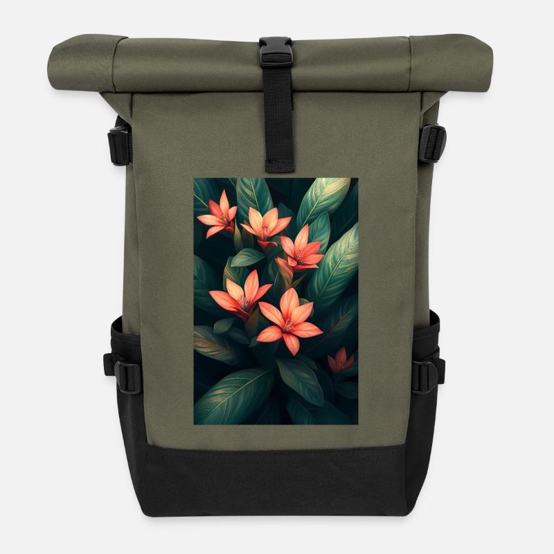 Orange tropical flowers in dark green foliage - Roll Top Backpack - olive/black