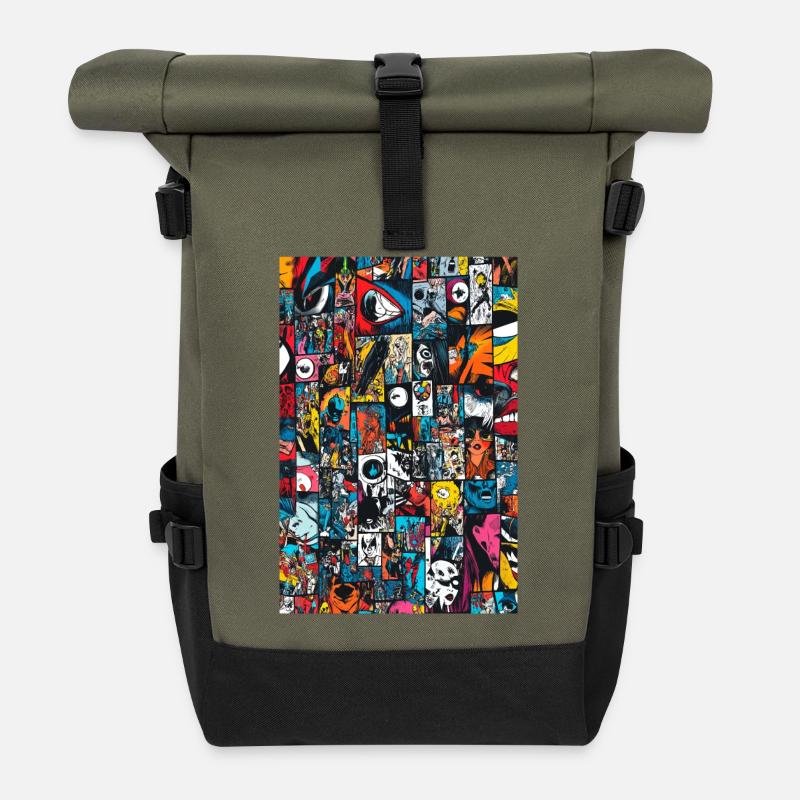 Kaleidoskop Comic-Collage - Rolltop Rucksack - Olive/Schwarz