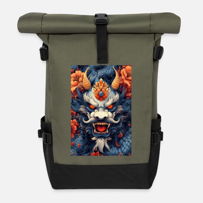 Blue Dragon Head with Fire Flowers - Roll Top Backpack - olive/black