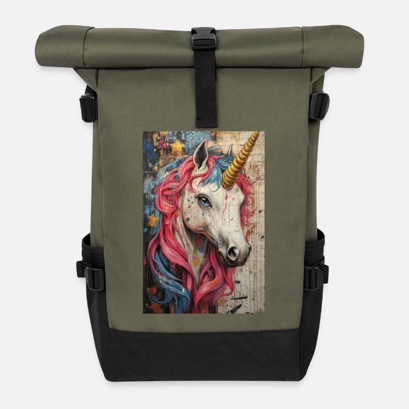 Unicorn Graffiti Neon Colors - Roll Top Backpack - olive/black