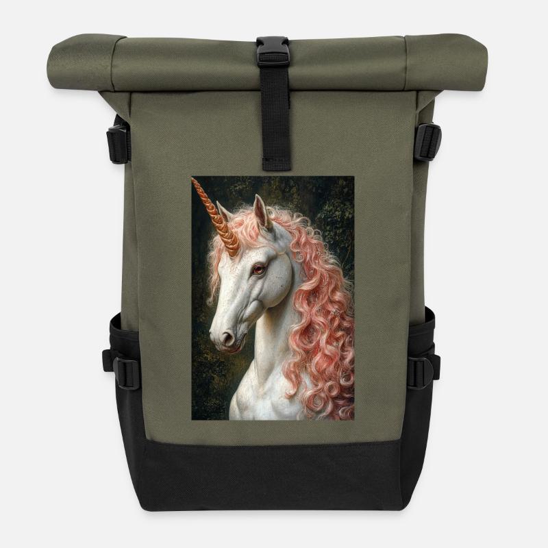 Unicorn in rosé marble light - Roll Top Backpack - olive/black
