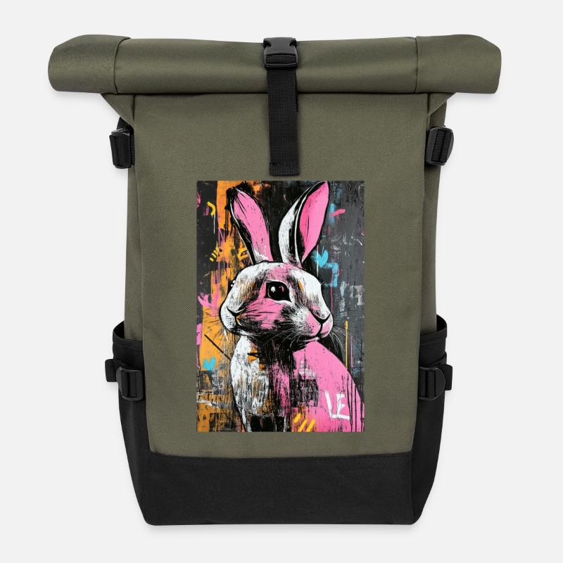 Graffiti Hase im Neonrausch - Rolltop Rucksack - Olive/Schwarz
