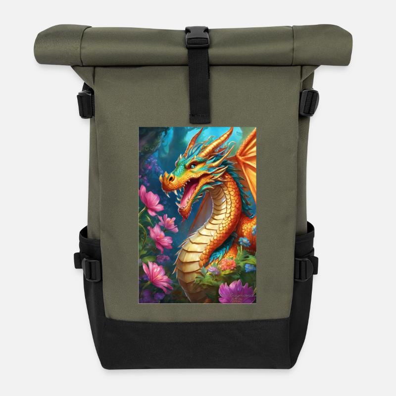 Glutdrache im blühenden Wald - Rolltop Rucksack - Olive/Schwarz