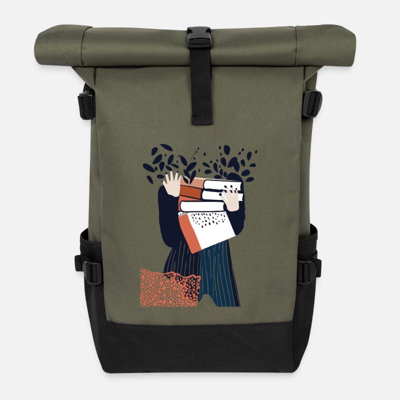 Book Lover Illustration – süßes Mädchen trägt Buch - Rolltop Rucksack - Olive/Schwarz
