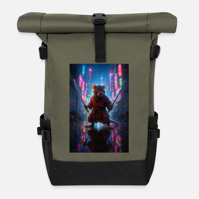 Ratten-Ninja mit Katanas in einer Neon-Stadtlandschaft - Rolltop Rucksack - Olive/Schwarz