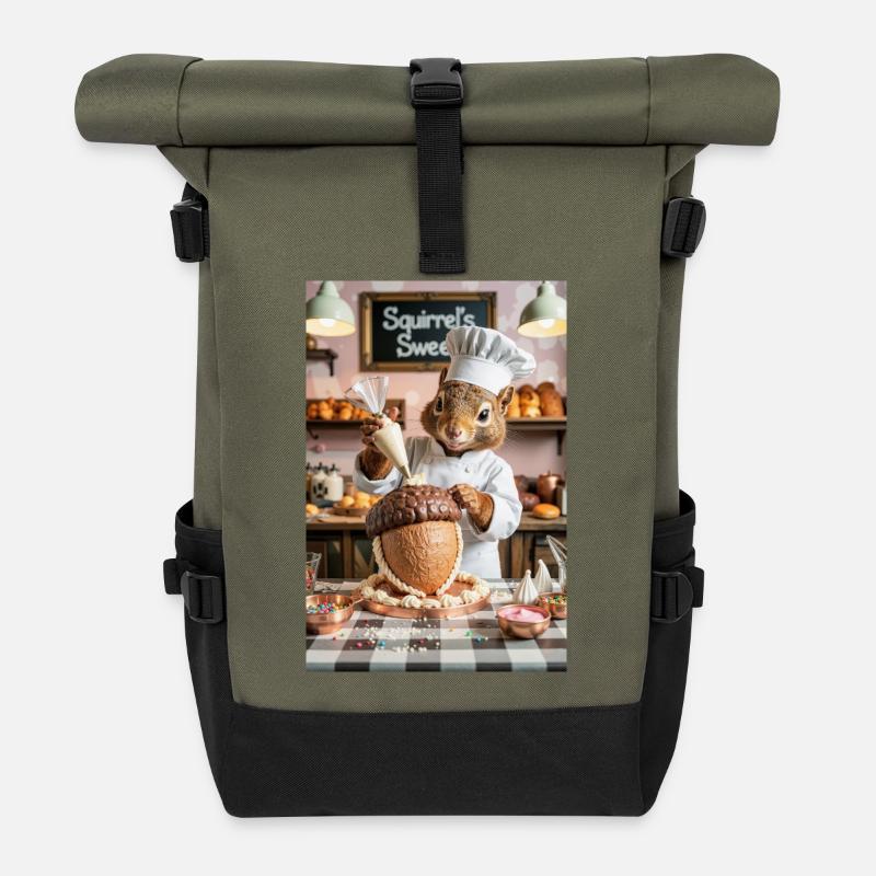 Humanoid Squirrel Chef with Chocolate Cake - Roll Top Backpack - olive/black