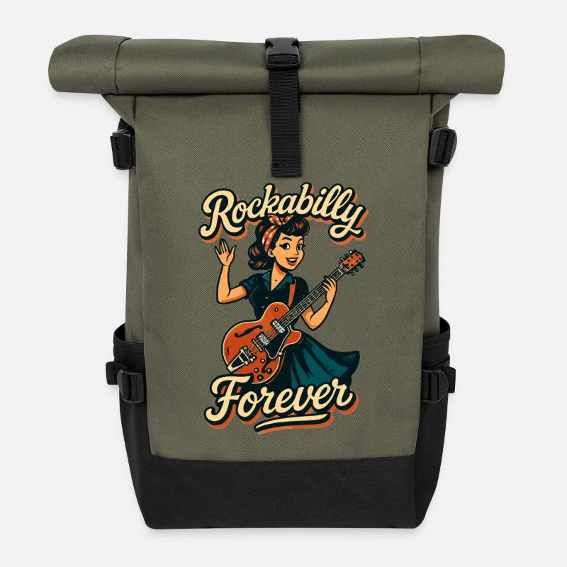 Rockabilly Forever E-Gitarre Frau 50er Geschenk - Rolltop Rucksack - Olive/Schwarz