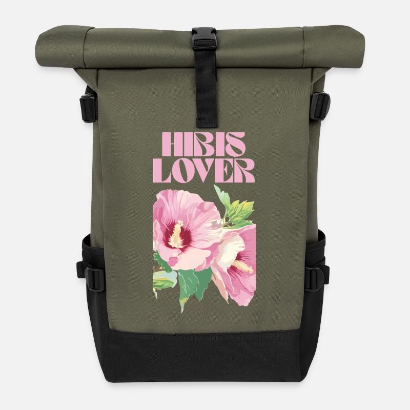 Hibis Lover Blumendesign - Rolltop Rucksack - Olive/Schwarz
