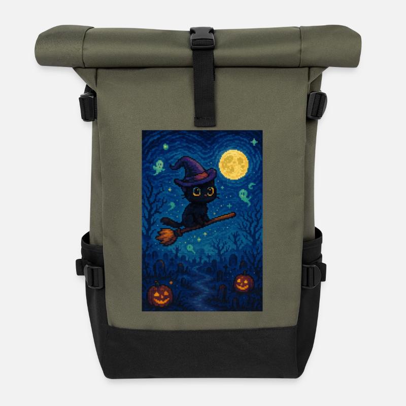 Chat pixel mignon d'Halloween - Sac à dos roll top - olive/noir