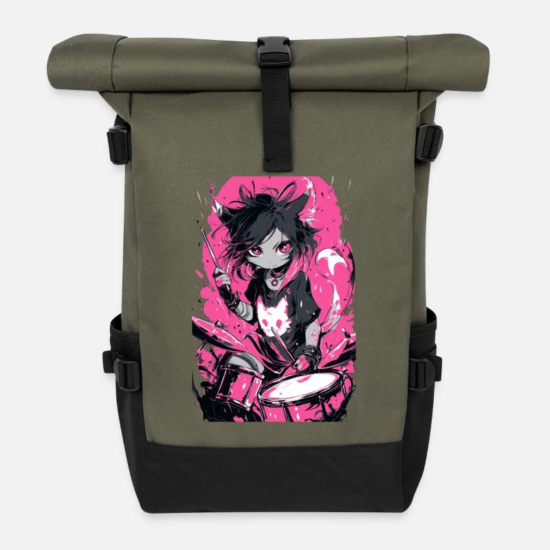 Katzendrummerin Neonpink - Rolltop Rucksack - Olive/Schwarz