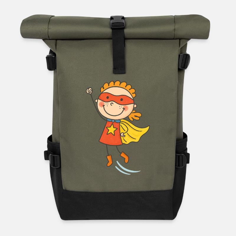 Fröhliches Kind Superheld Karikatur - Rolltop Rucksack - Olive/Schwarz