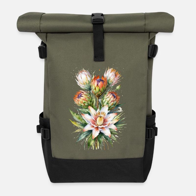 Protea Bloom Aquarell - Rolltop Rucksack - Olive/Schwarz