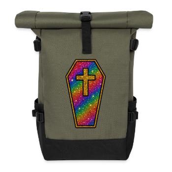 Halloween Sarg | Regenbogen Glitzer Sargkreuz  - Rolltop Rucksack - Olive/Schwarz - Vorne