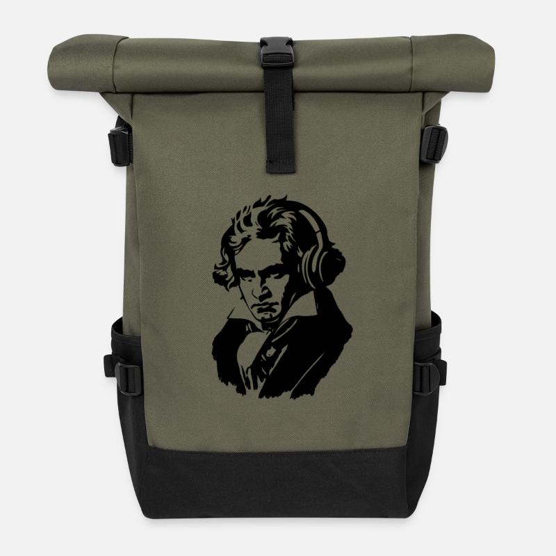Ludwig van Beethoven mit Kopfhörern - Rolltop Rucksack - Olive/Schwarz