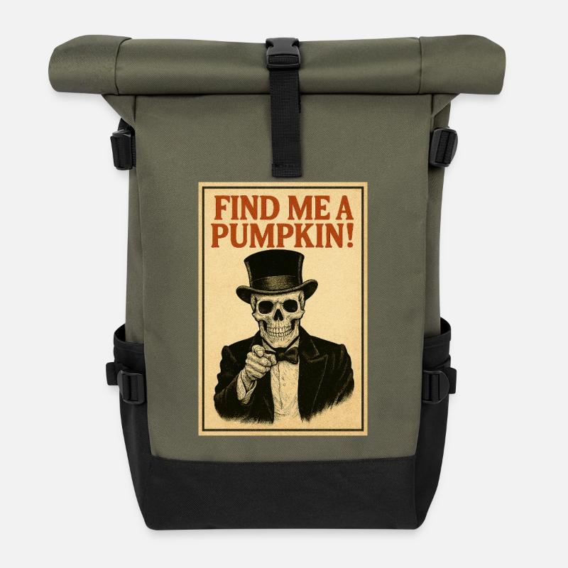 Skeleton Wants You – Find Me a Pumpkin! - Roll Top Backpack - olive/black
