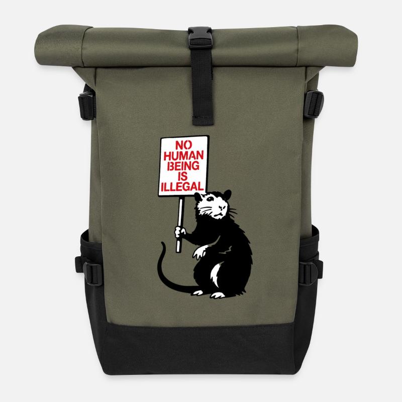 No Human Being is Illegal - Rolltop Rucksack - Olive/Schwarz