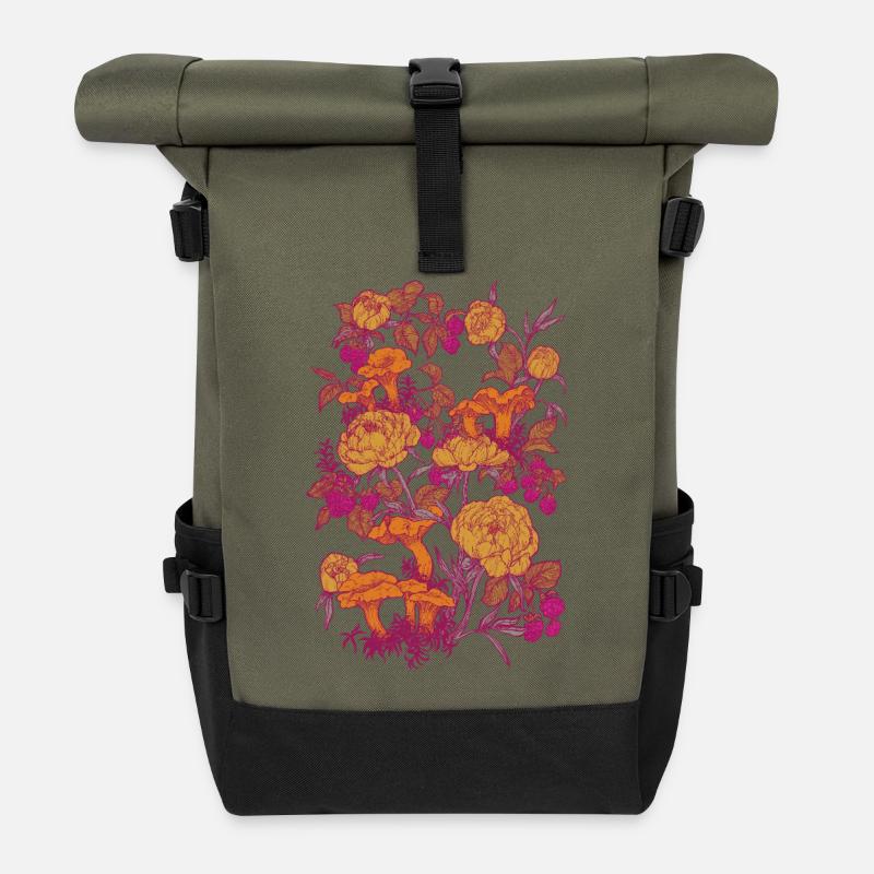 PEONIES AND CHANTERELLES - Roll Top Backpack - olive/black