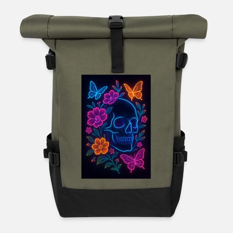 Crâne au néon avec des fleurs et des papillons - Sac à dos roll top - olive/noir