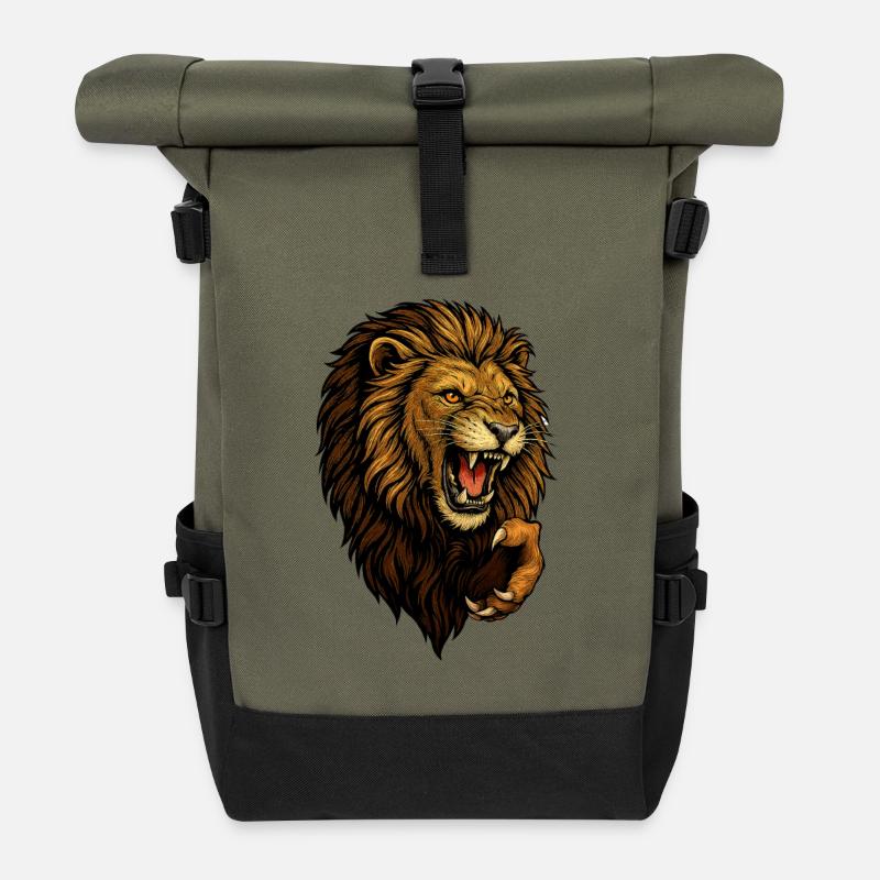 Wilder Löwenkopf im Angriff - Rolltop Rucksack - Olive/Schwarz