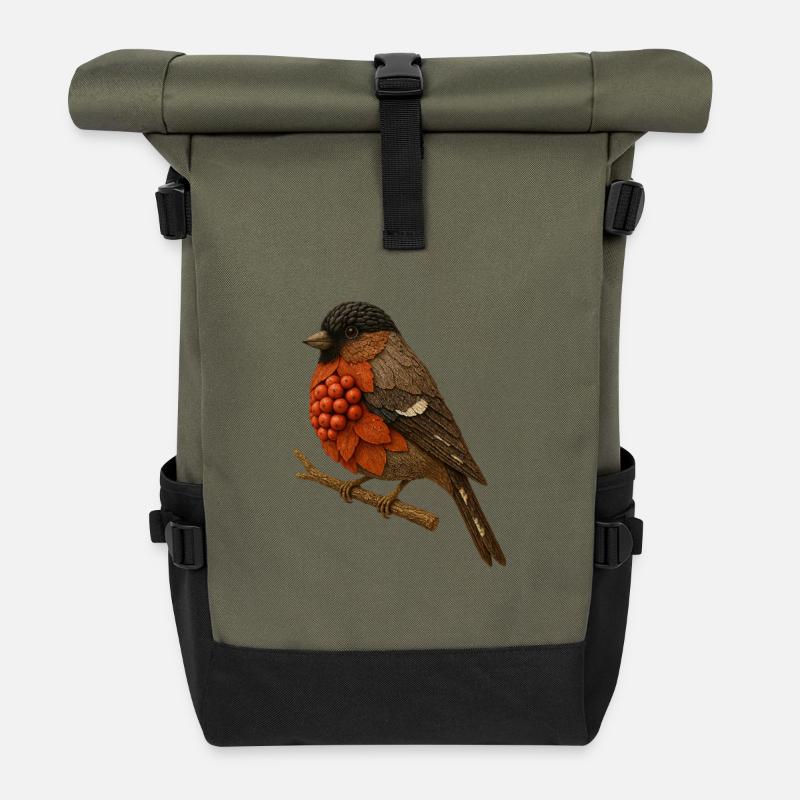 Gimpel Illustration im Naturdesign (Dompfaff) - Rolltop Rucksack - Olive/Schwarz