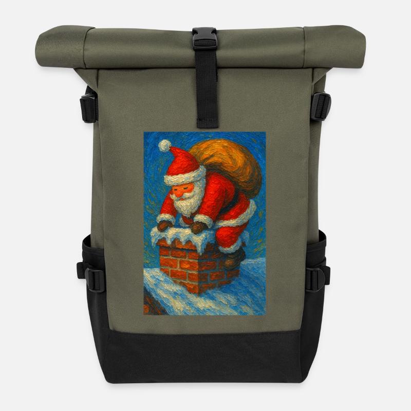 Santa Claus Climbs Chimney in Snow - Roll Top Backpack - olive/black