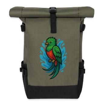 Grüner Quetzal-Vogel mit blauem Aquarell - Rolltop Rucksack - Olive/Schwarz - Vorne