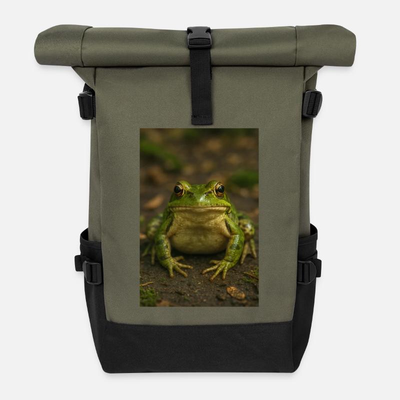 Green Frog Close Up Nature - Roll Top Backpack - olive/black