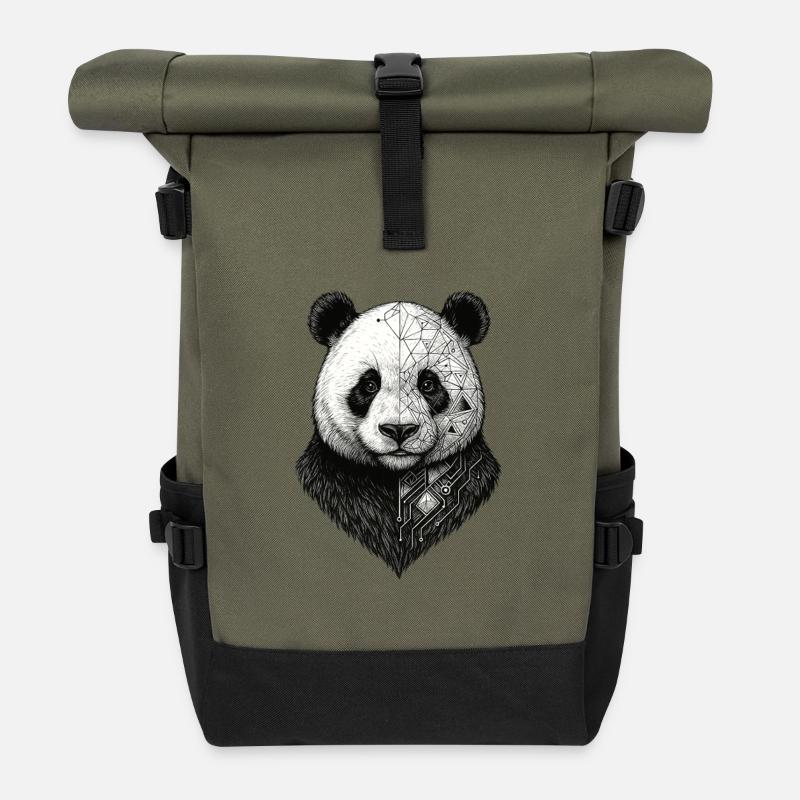 Panda Halb Geometrische Technologie - Rolltop Rucksack - Olive/Schwarz