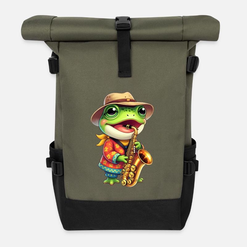 Aesthetic Frog Playing Saxophone - Roll Top Backpack - olive/black