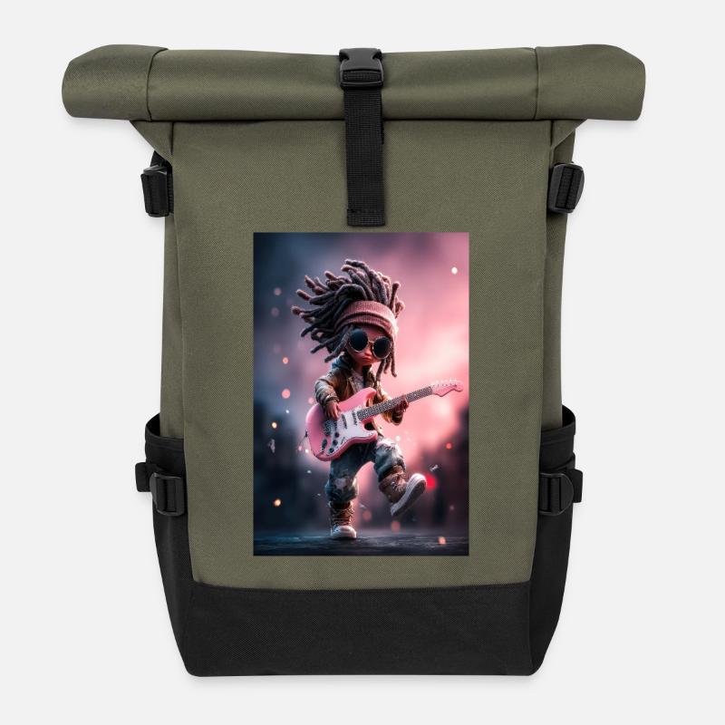 Dreadlock-Rock-Puppe mit rosa Gitarre - Rolltop Rucksack - Olive/Schwarz