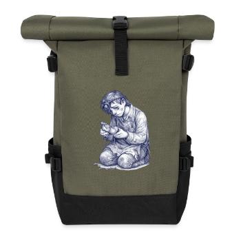 Kniender Handwerker | Handgemalte Zeichnung - Rolltop Rucksack - Olive/Schwarz - Vorne