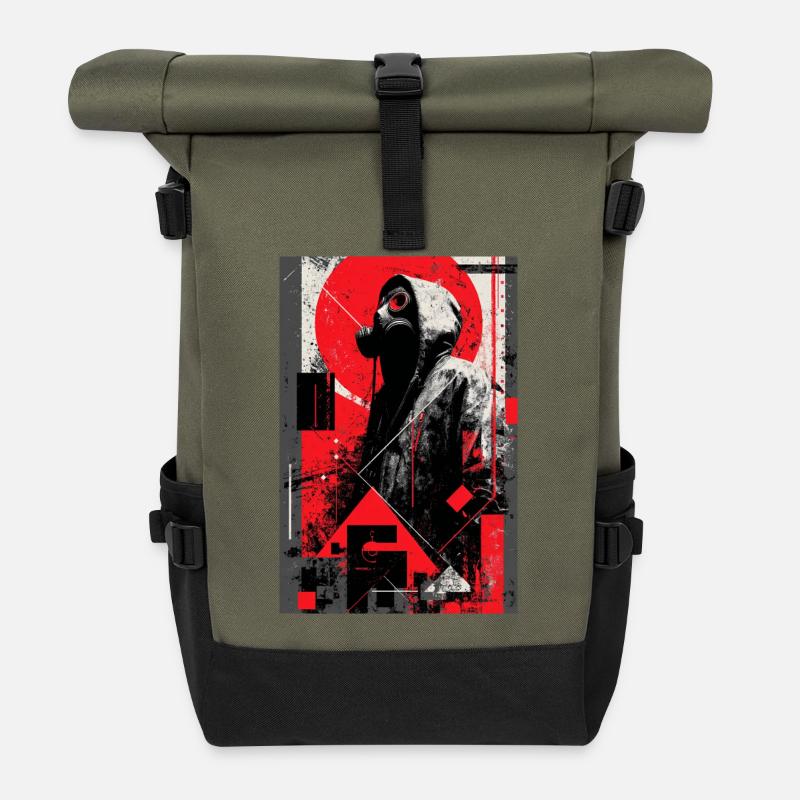 Gas Mask in Graffiti Dystopia - Roll Top Backpack - olive/black