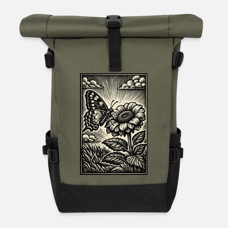 Butterfly & Flower – Vintage Woodcut - Roll Top Backpack - olive/black