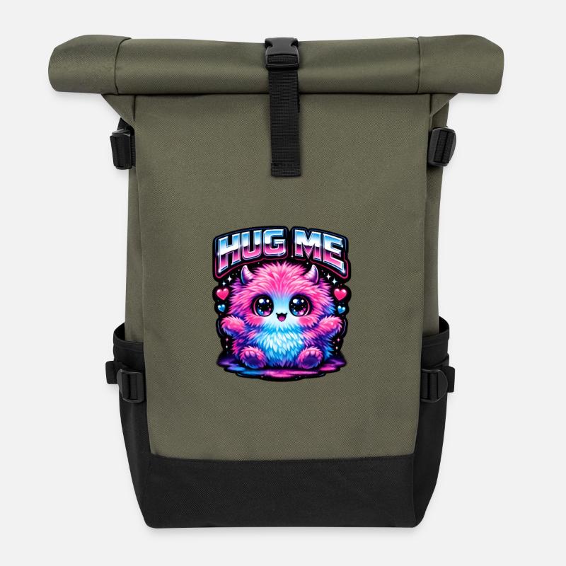 Hug Me Neon Monster - Roll Top Backpack - olive/black