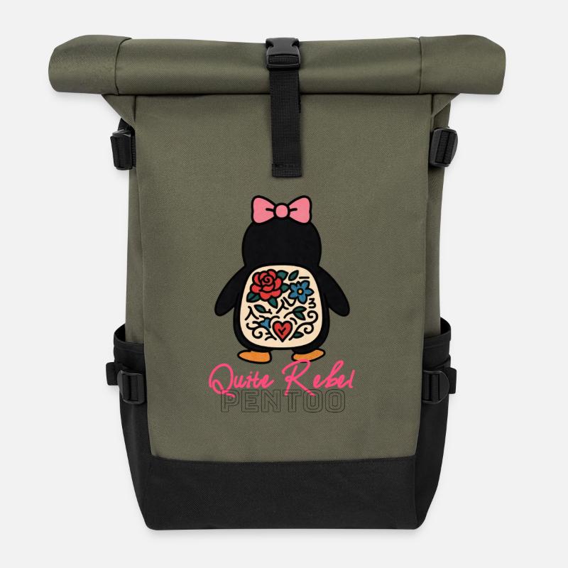 Quite Rebel Pentoo – Nihilistischer Pinguin-Trend - Rolltop Rucksack - Olive/Schwarz