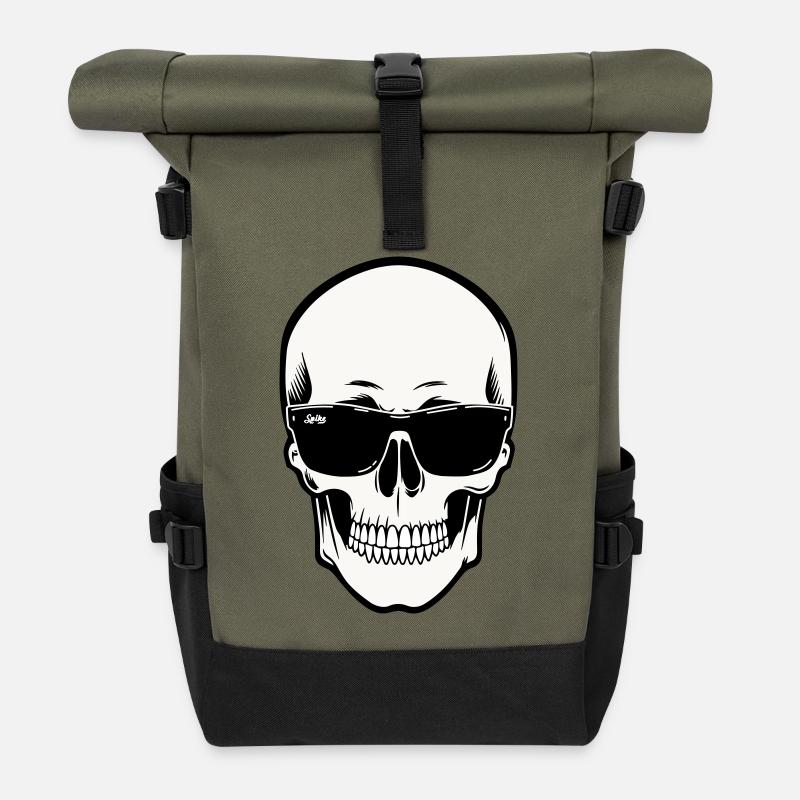 Skelett mit Sonnenbrille in Schwarzweiß - Rolltop Rucksack - Olive/Schwarz