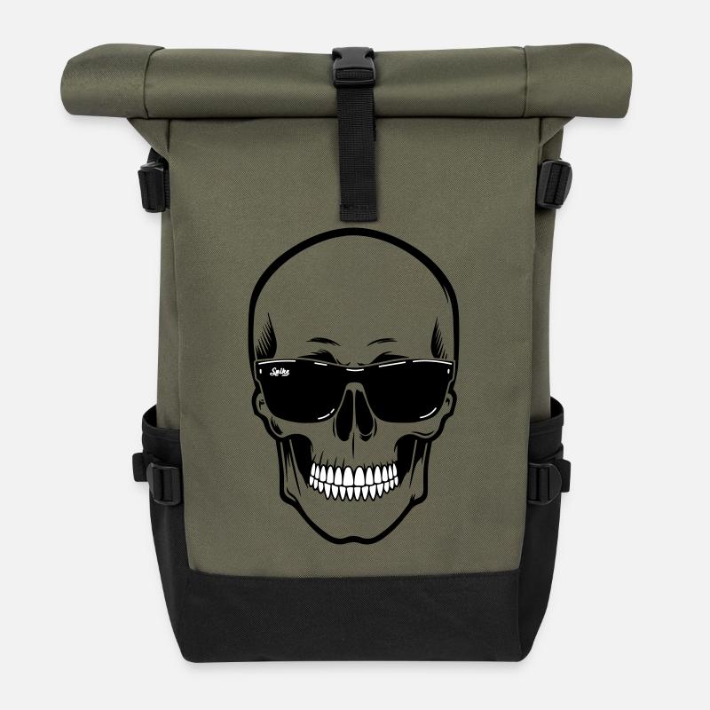 Line skull Spike black contrast with smile - Roll Top Backpack - olive/black