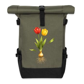 Zwei Tulpen mit sichtbarer Zwiebel und Wurzeln - Rolltop Rucksack - Olive/Schwarz - Vorne