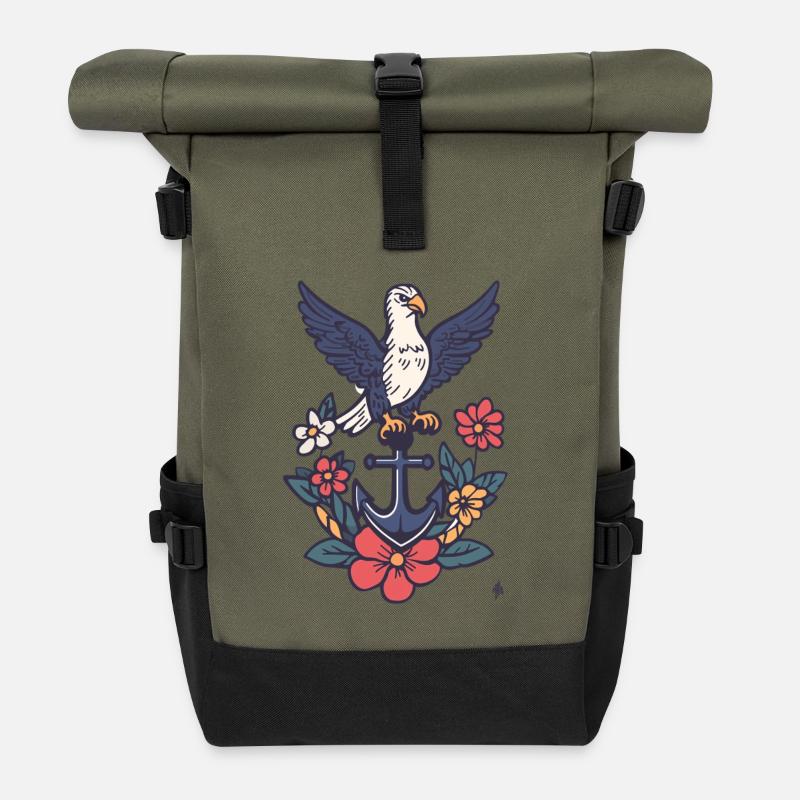 Anker mit Albatros und Blütenkranz - Rolltop Rucksack - Olive/Schwarz