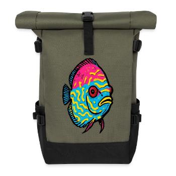 Pop Art Diskusfisch rosa und leuchtend gelb - Rolltop Rucksack - Olive/Schwarz - Vorne