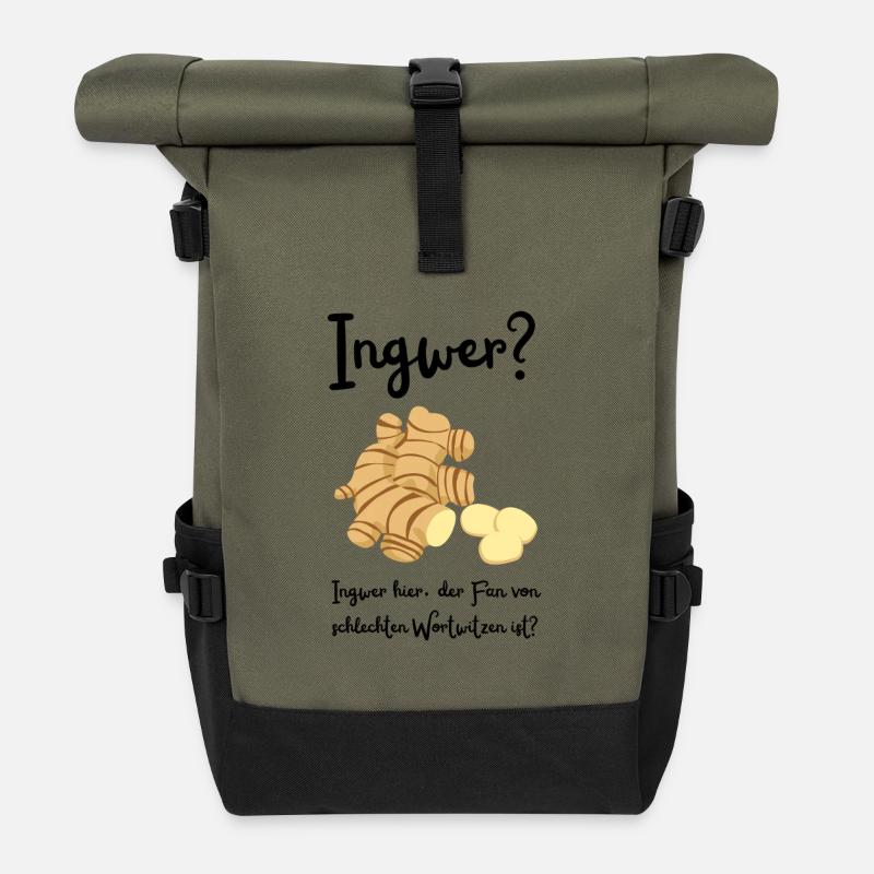 Ingwer - Wortwitz - Rolltop Rucksack - Olive/Schwarz