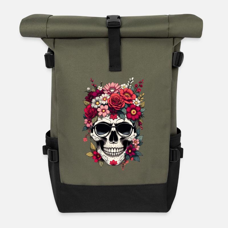 Floraler Schädel mit Krone - Rolltop Rucksack - Olive/Schwarz