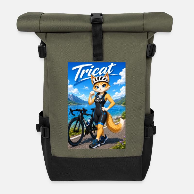 Tricat: Cat in Triathlon Outfit - Roll Top Backpack - olive/black
