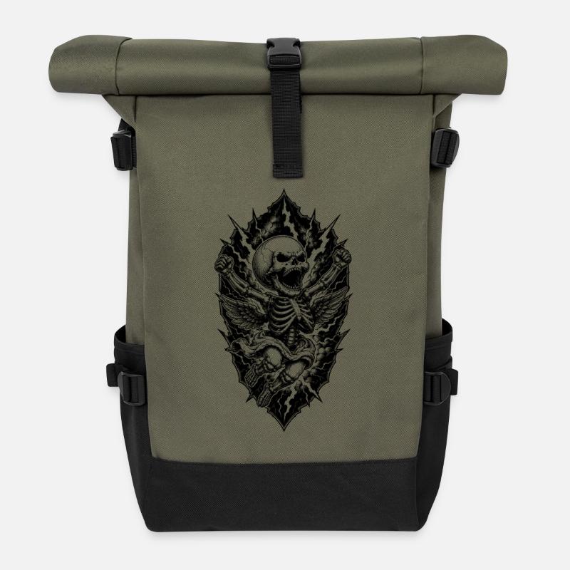 Skeleton Angel with Lightning Gothic Motif - Roll Top Backpack - olive/black
